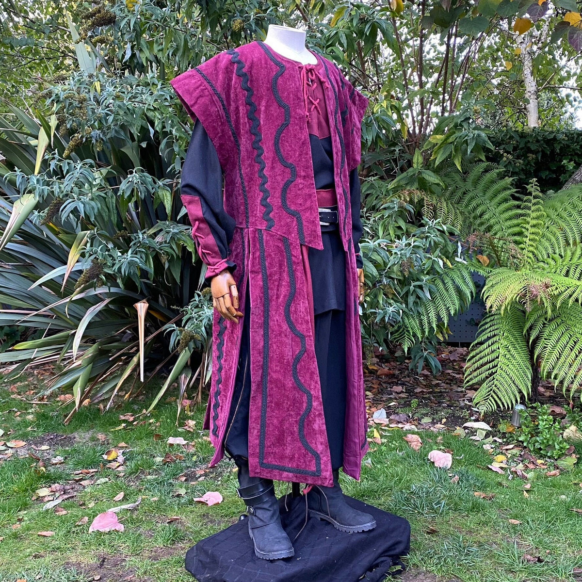 Medieval LARP waistcoat with black wavy trim.