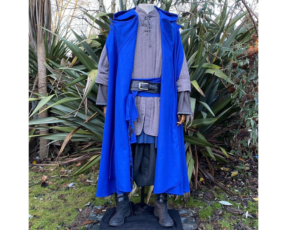 Medieval LARP outfit with blue cloak styled on a mannequin.