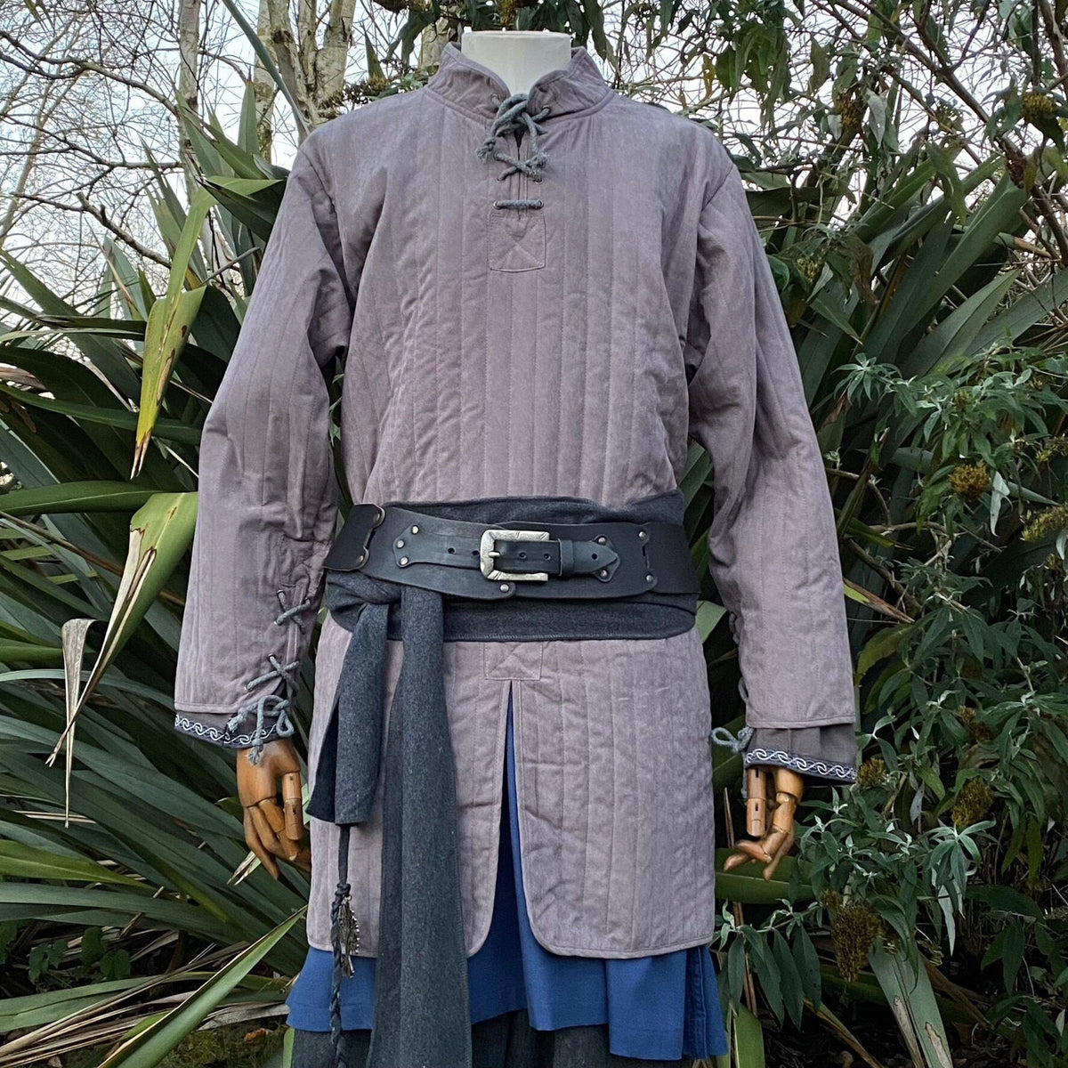 Grey gambeson with black belt and sash, front view for LARP medieval outfit.