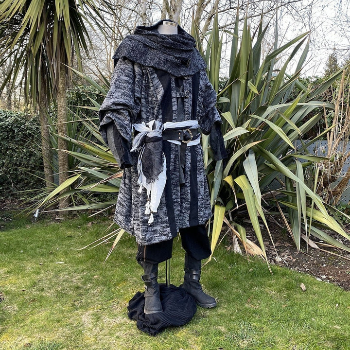Battle Mage Dark LARP Outfit - 4 Pieces; Grey & Black Hooded Robe, Tunic, Hood, Pants - Chows Emporium Ltd
