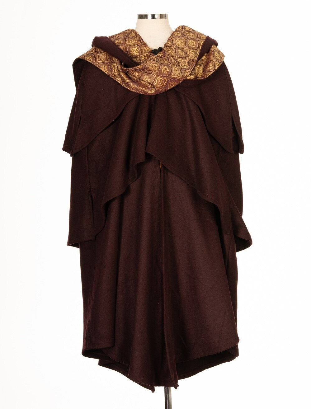 Richly-textured front view of red wool cloak with gold lining for LARP.