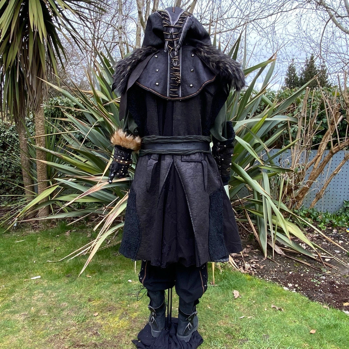 Medieval LARP outfit with fur detail, back view.