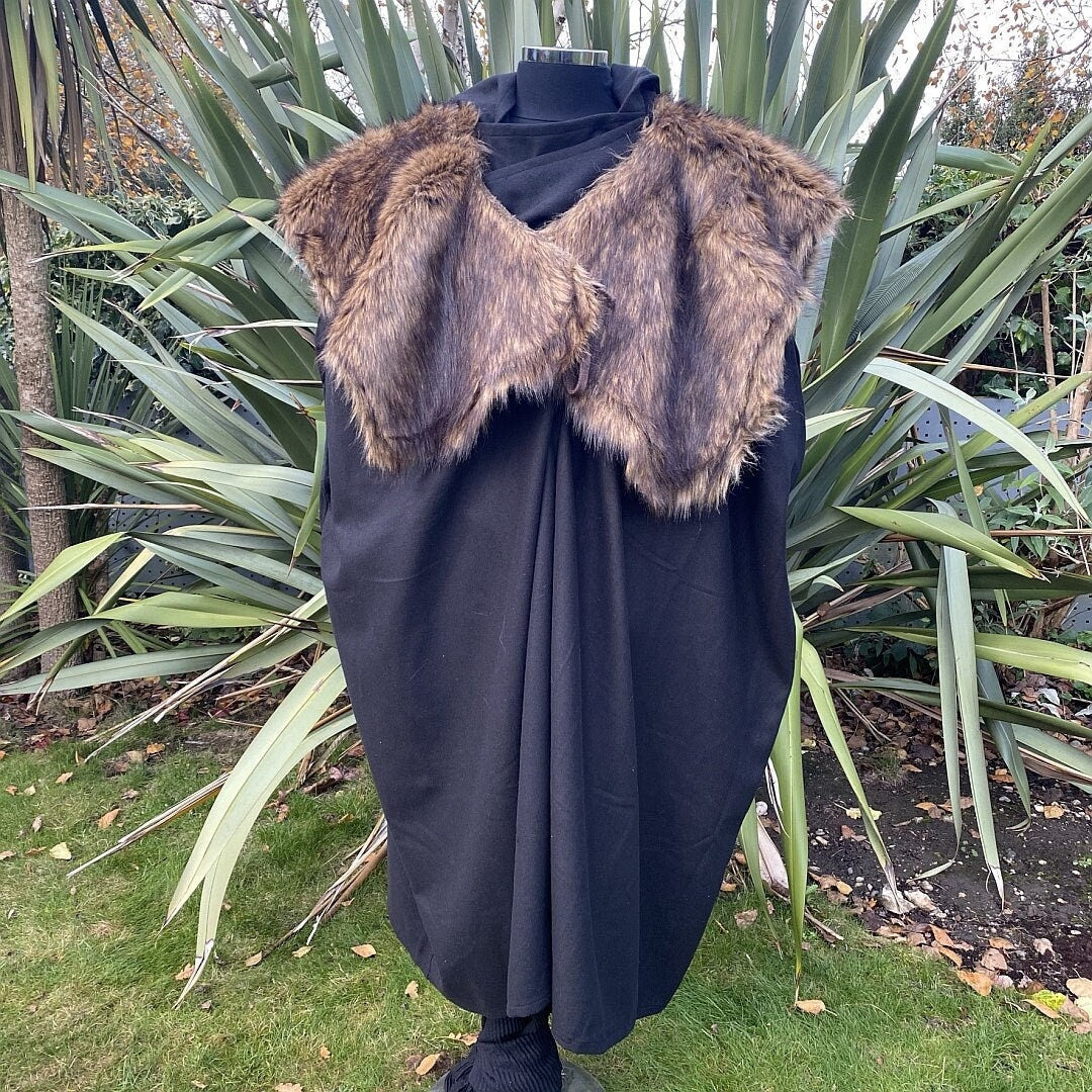 Medieval LARP black cloak with fur mantle front view.