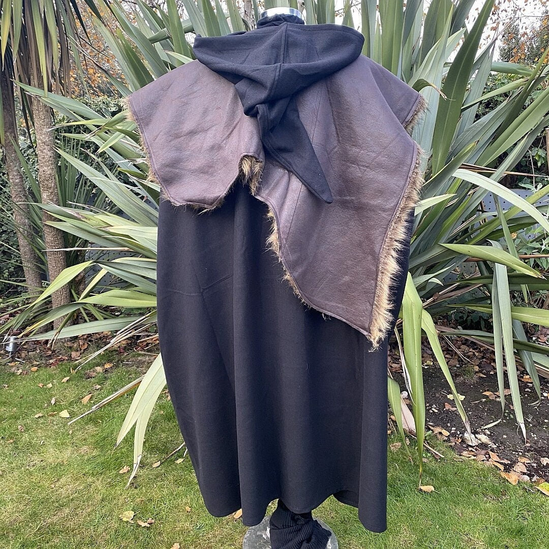 LARP medieval cloak rear view shows hood, fur trim.