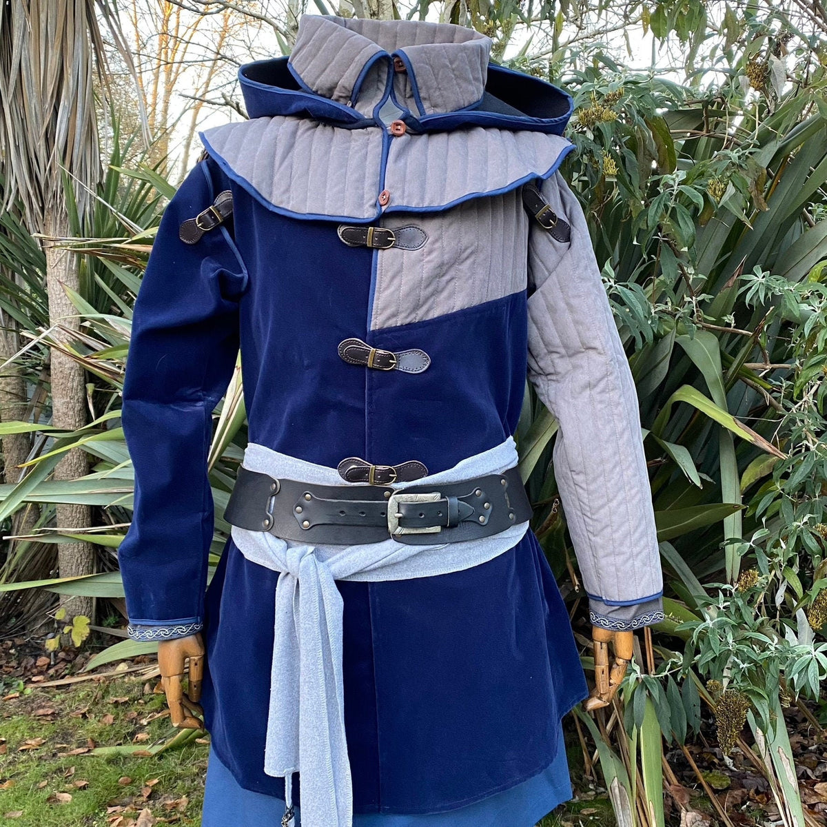 Azure and grey medieval LARP gambeson jacket with hood, front view.