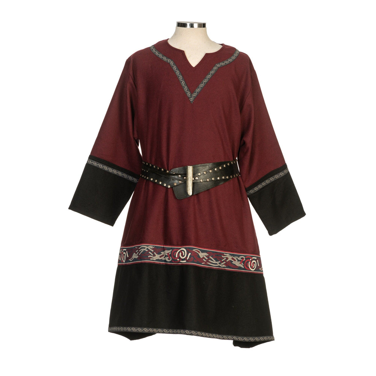 Studded belt over LARP medieval tunic, maroon with intricate trims.