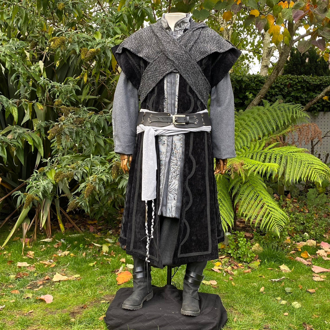 Dark King LARP Outfit - 6 Pieces; Black Panel Waistcoat, Coat, Hood, Shirt, Leather Belt & Sash - Chows Emporium Ltd