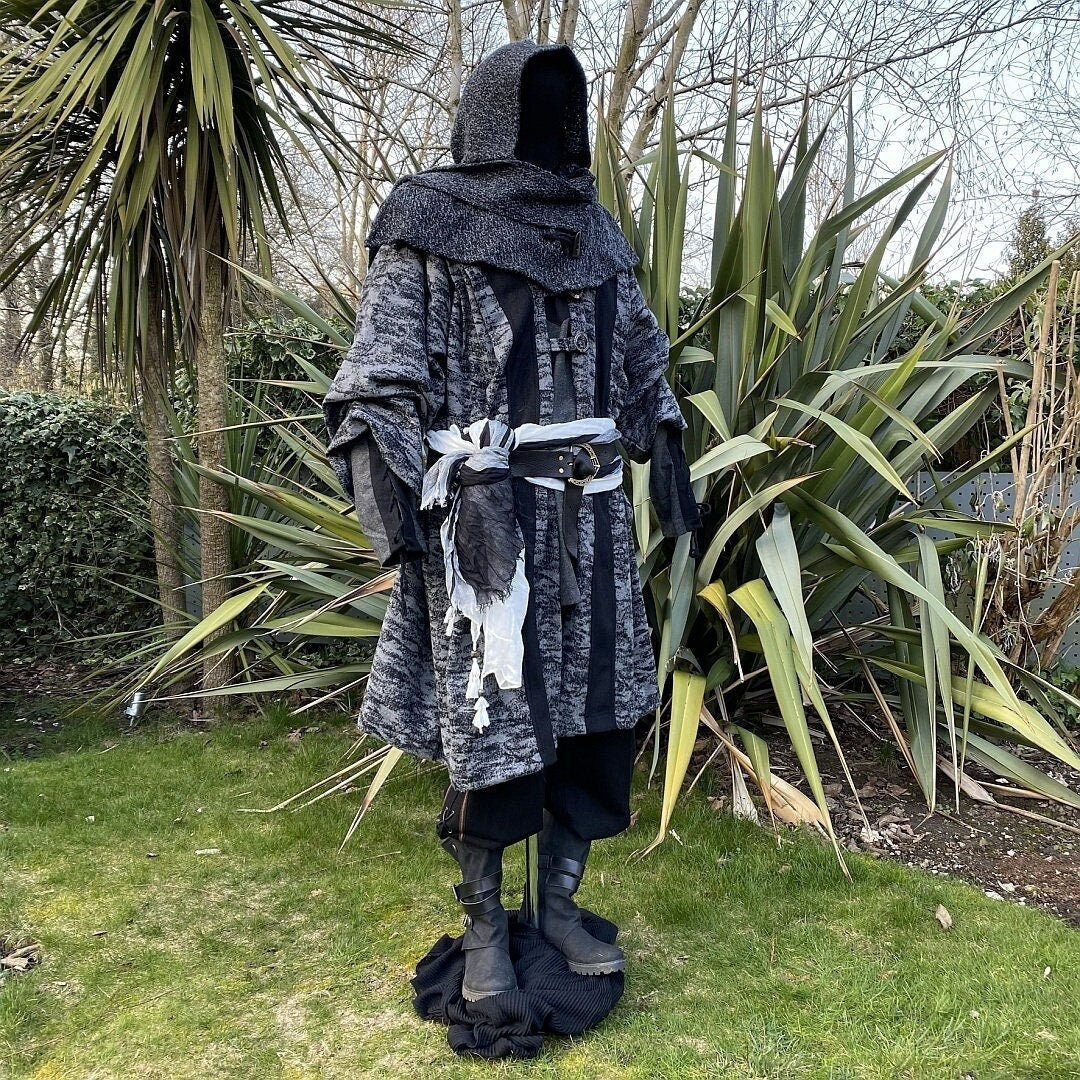 Battle Mage Dark LARP Outfit - 4 Pieces; Grey & Black Hooded Robe, Tunic, Hood, Pants - Chows Emporium Ltd