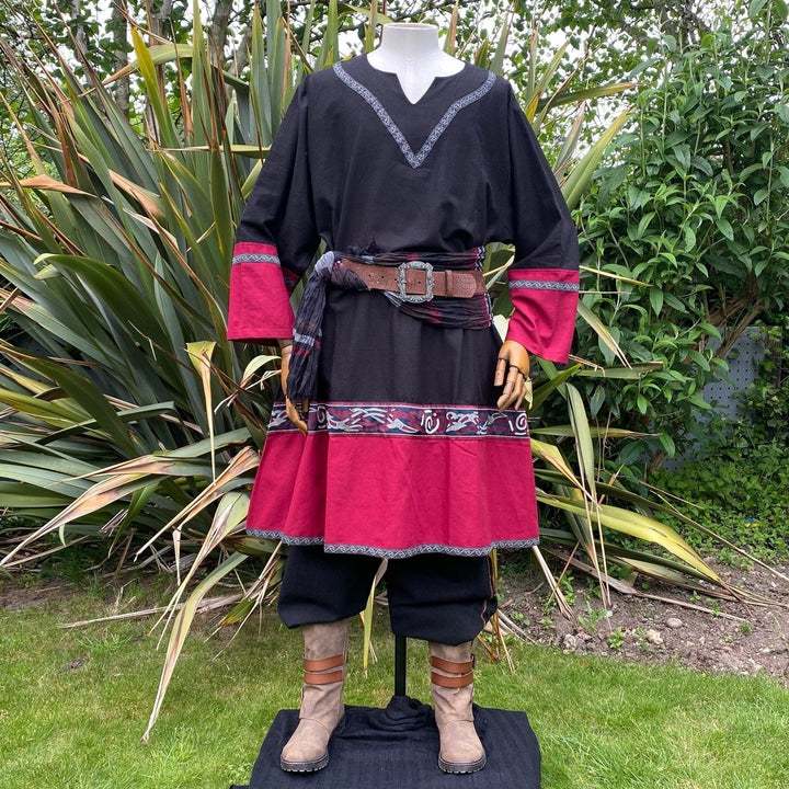 LARP Viking Tunic - Two Tone Black & Red - Linen Cotton Mix with embroidery - Chows Emporium Ltd