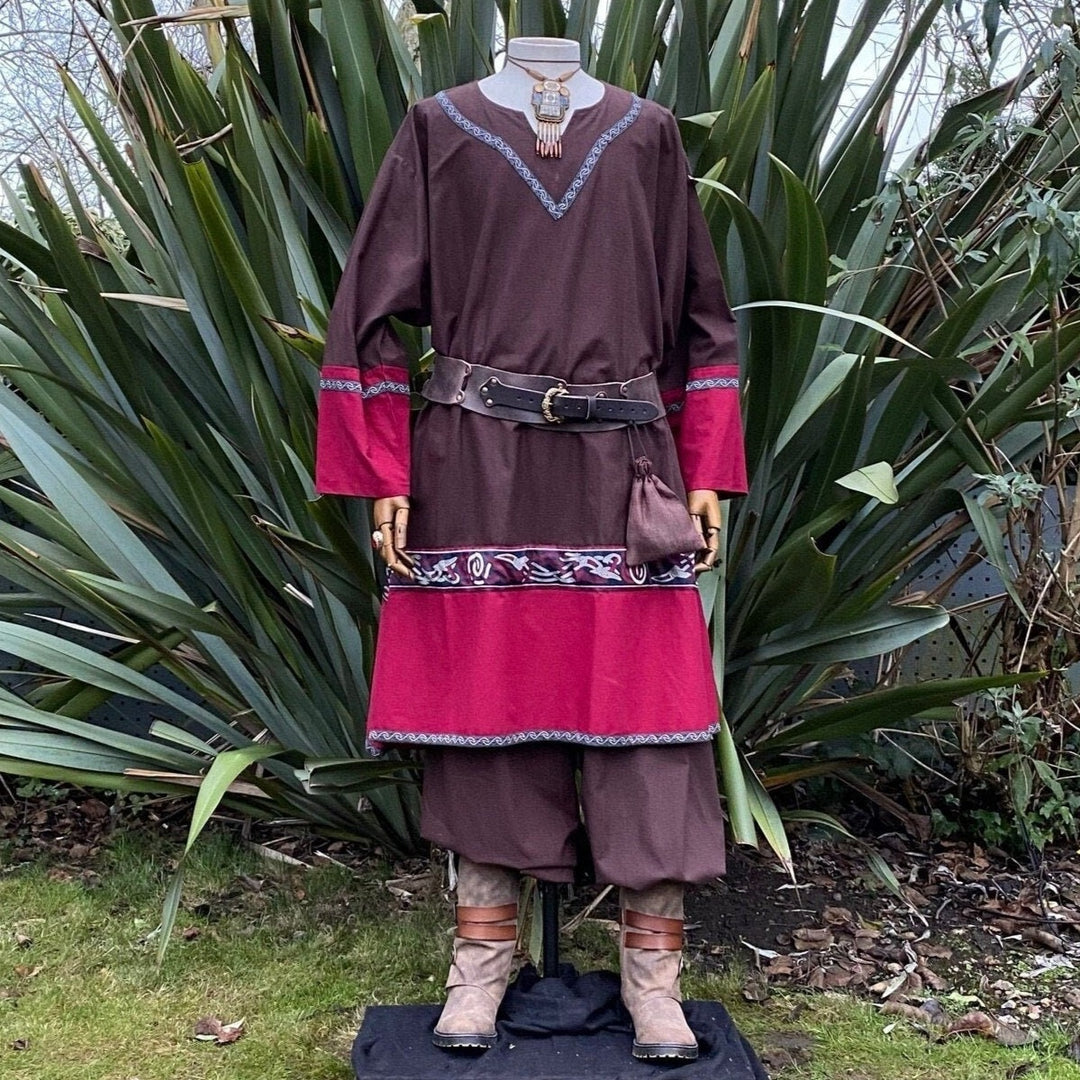 LARP Viking Tunic - Two Tone Brown & Red - Linen Cotton Mix with embroidery - Chows Emporium Ltd