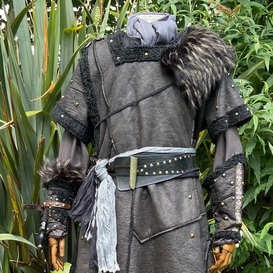Faux fur-collared LARP tunic with belt and layered textures.