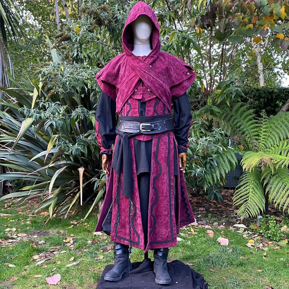 Head-on view of crimson LARP costume; suede-effect hood and layered details.