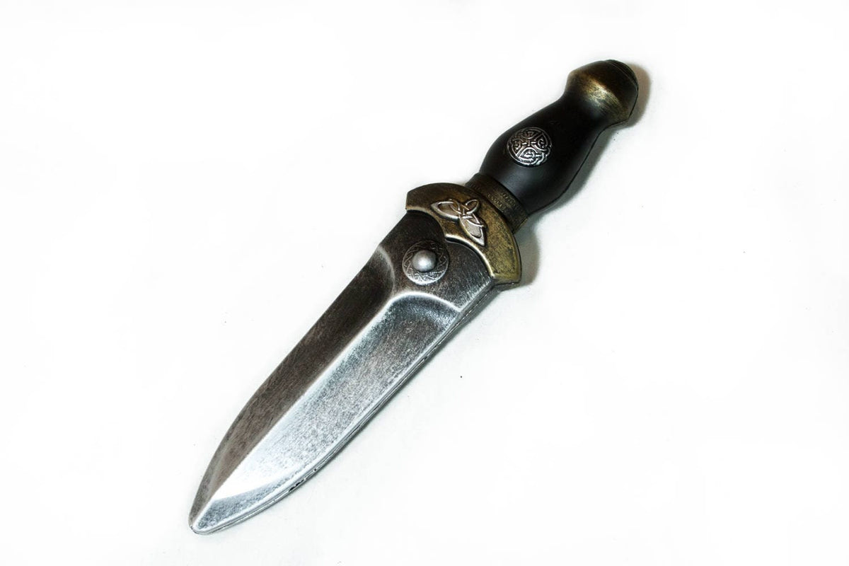 Medieval foam dagger with Celtic designs, angled view for LARP events.