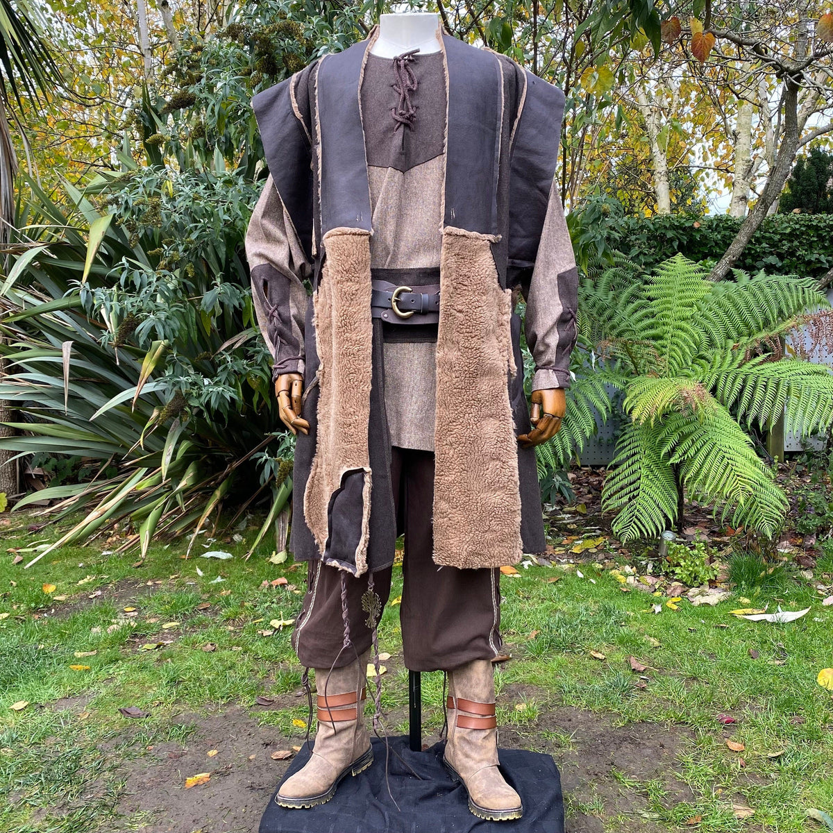 Front view LARP Viking waistcoat, layered with brown and fleece details.