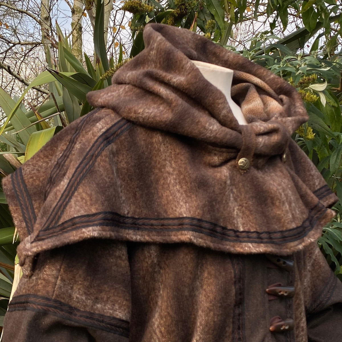 Brown medieval snood hood with button detail for LARP.