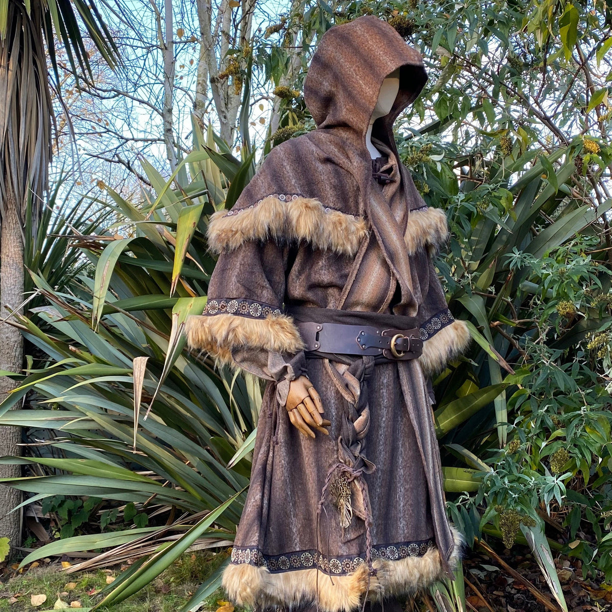 Medieval LARP hooded cloak with faux fur trim.