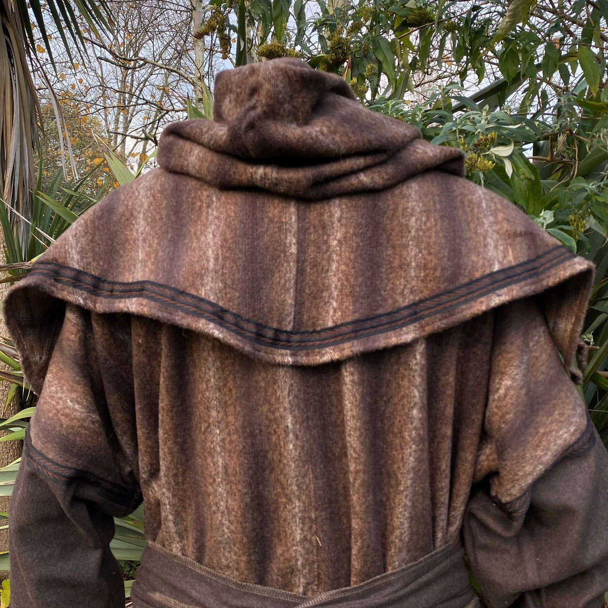 Rear view of brown wool LARP snood hood with layered collar detail.