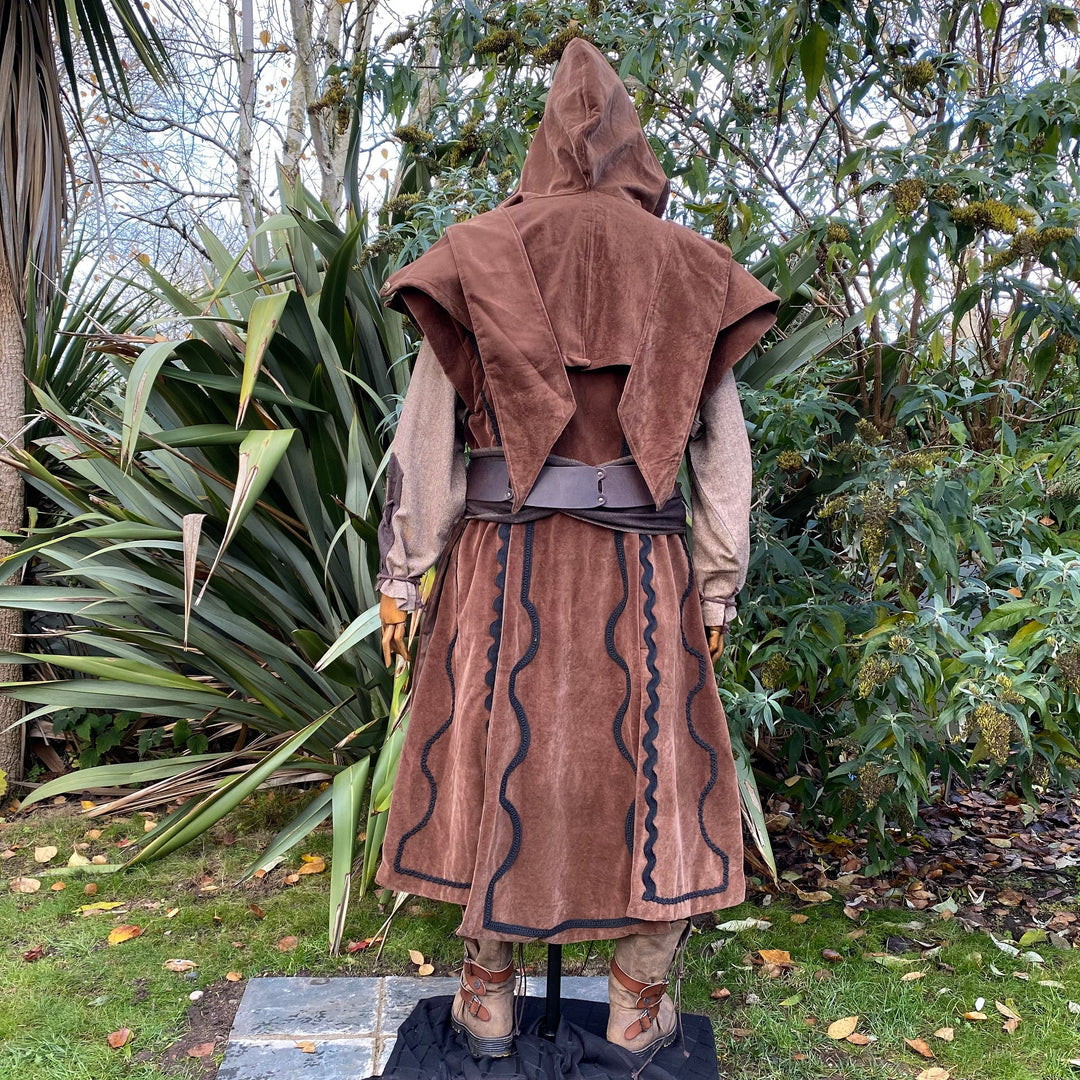 Dwarf Merchant LARP Outfit - 2 Pieces; Brown Suede Effect Panel Waistcoat and Hood, - Chows Emporium Ltd