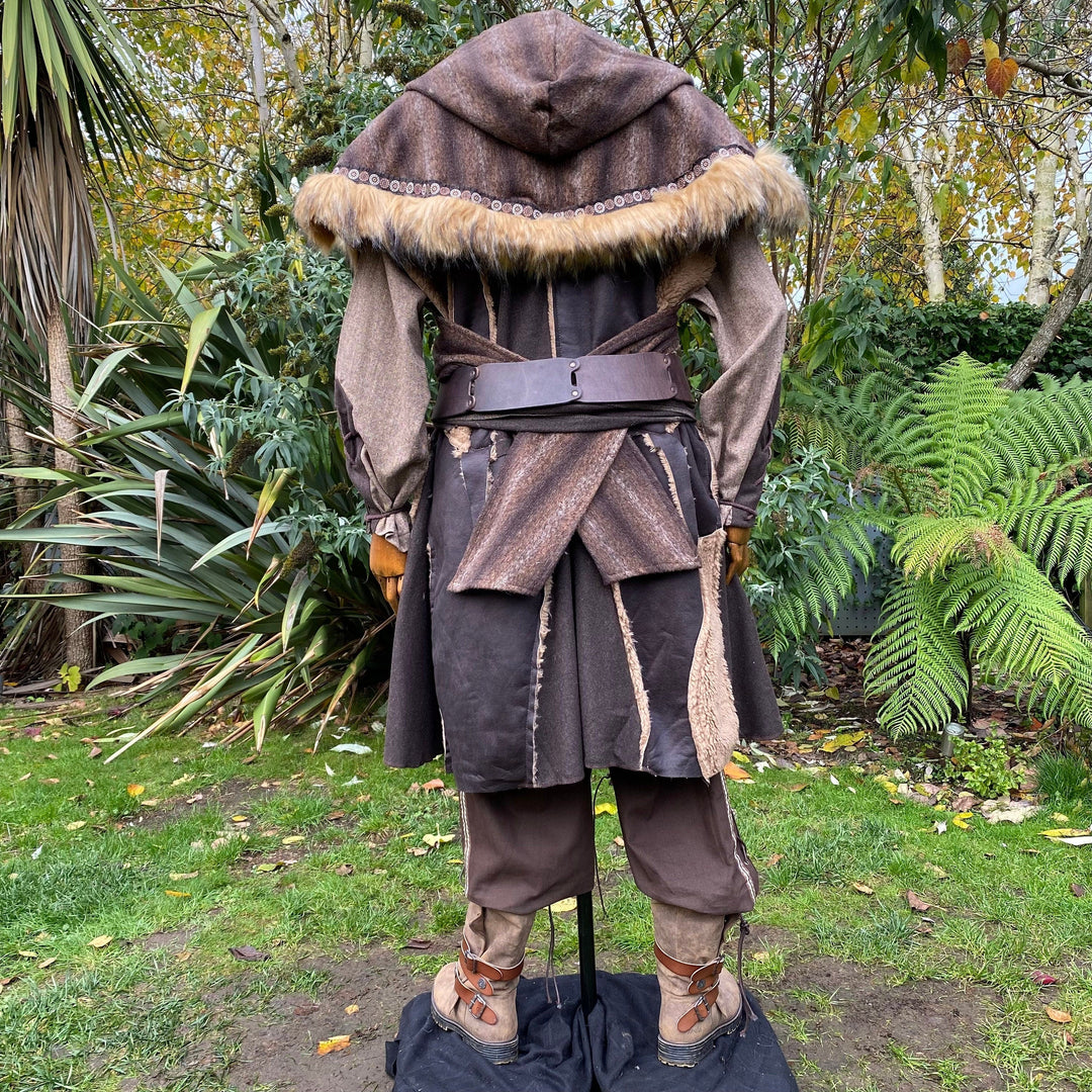 Barbarian Fighter LARP Outfit - 5 Pieces; Patchwork Waistcoat, Fur Trim Hood, Brown Shirt, Trousers, Sash, Brown - Chows Emporium Ltd