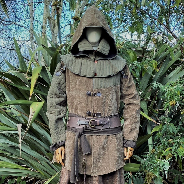 Forest Warrior LARP Outfit - 2 Pieces; Green & Brown Gambeson Jacket and Hood - Chows Emporium Ltd