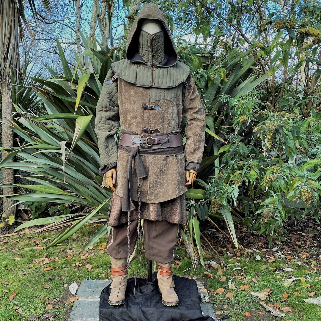 Forest Warrior LARP Outfit - 2 Pieces; Green & Brown Gambeson Jacket and Hood - Chows Emporium Ltd