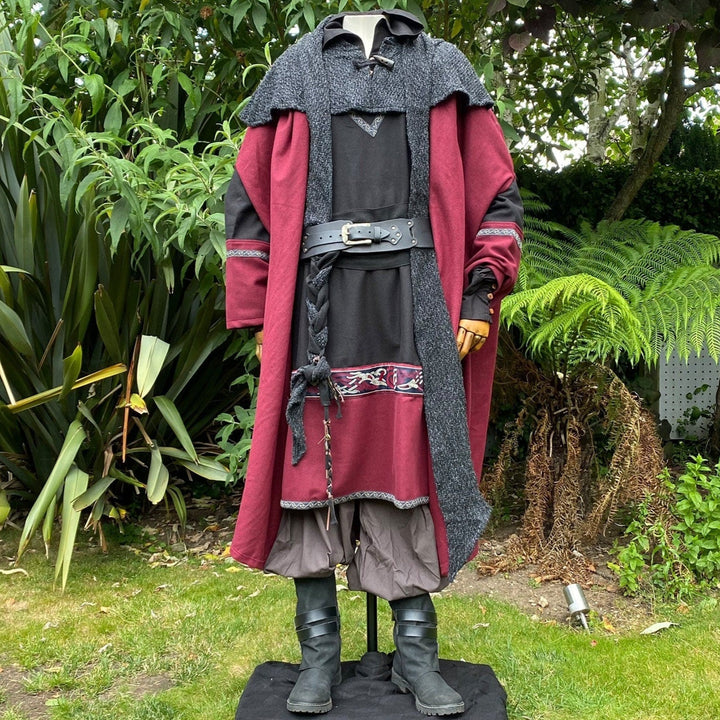 Mystic Alchemist LARP Outfit - 5 Pieces; Red Cloak, Black & Red Tunic, Hood, Pants, Belt - Chows Emporium Ltd