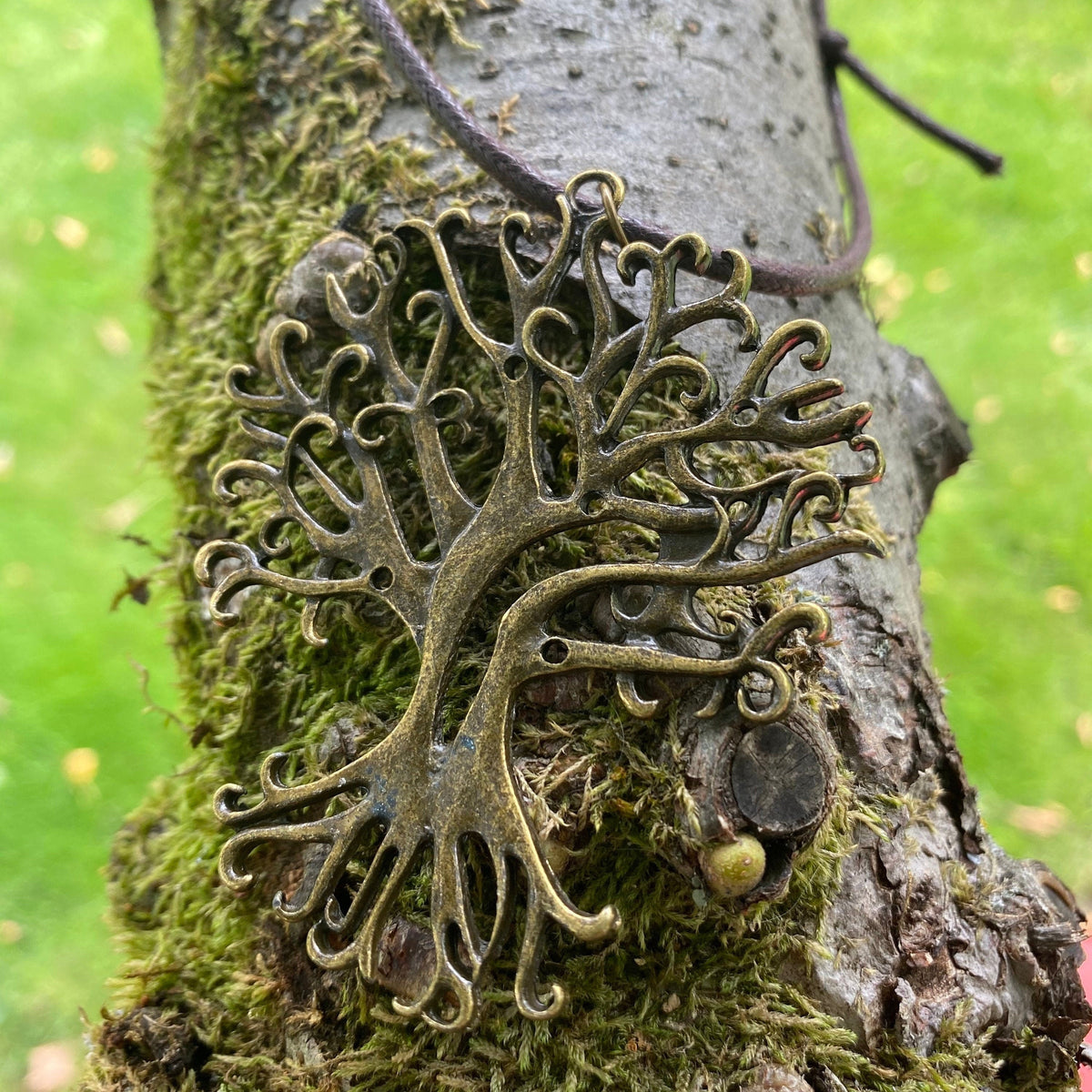 Mossy bark backdrop with detailed medieval LARP brass tree necklace.