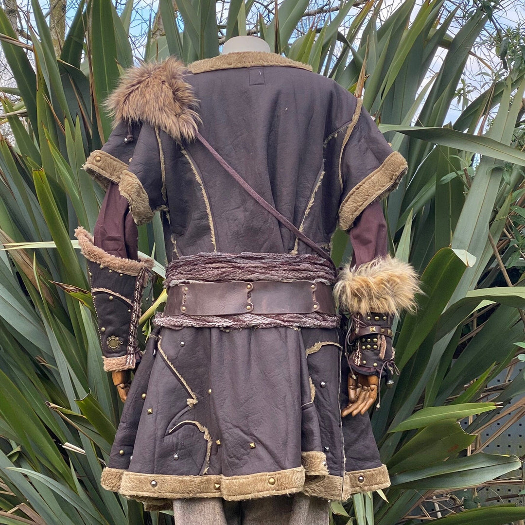 LARP Viking Tunic / Jacket – Brown - Fleece Lined Faux Leather with Studs - Chows Emporium Ltd