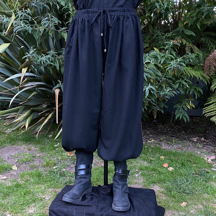 Loose Black Wool Medieval Laced Trousers, Designed for LARP, Renaissance Faire, Vikings Cosplay, or Historical Events