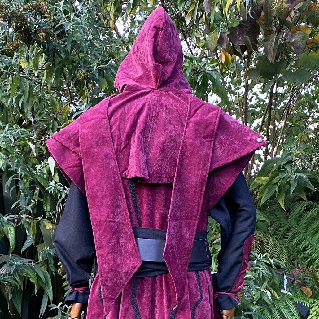 Medieval-style red hood from behind, faux suede, LARP costume.