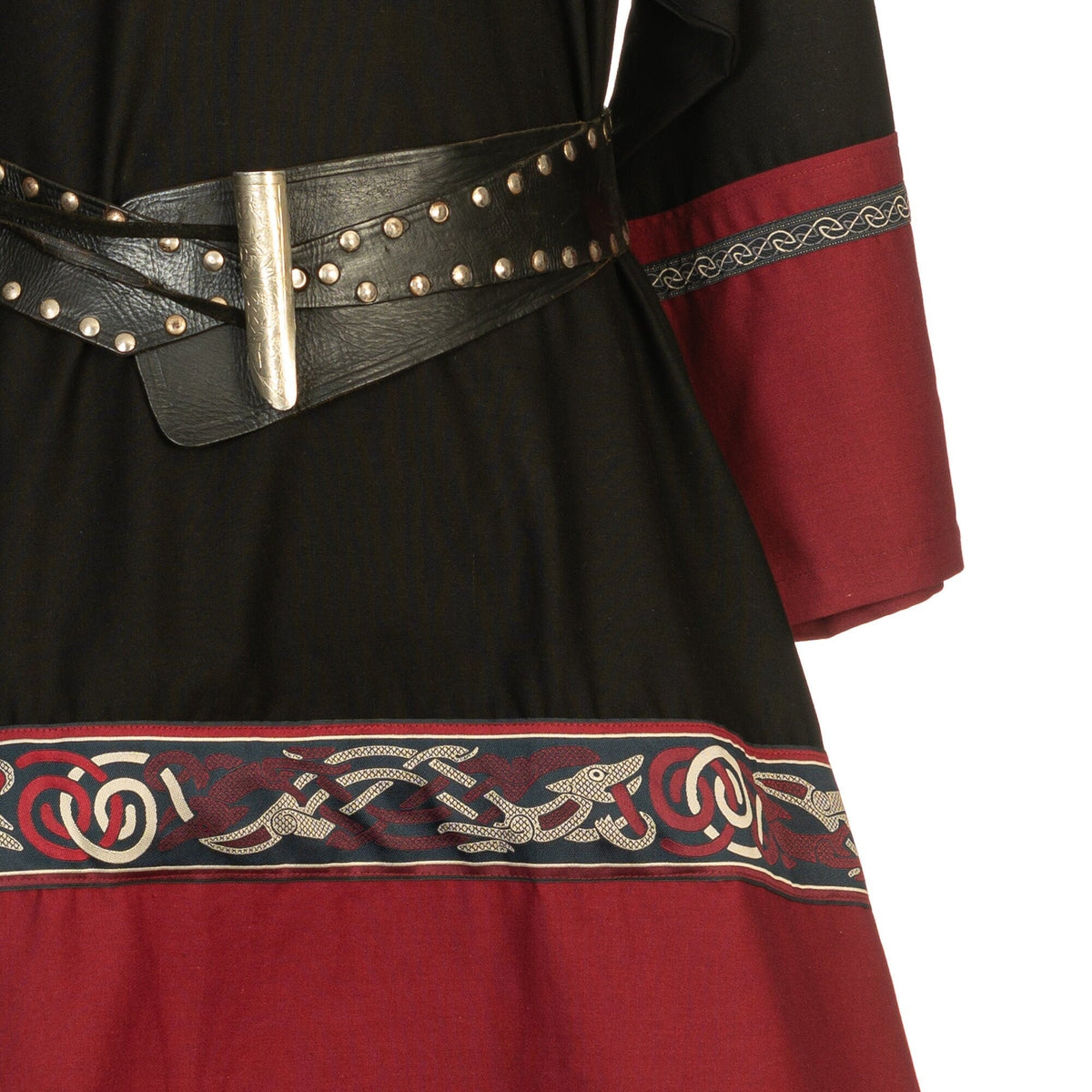 Black red Viking tunic detail, embroidered trim, leather belt for LARP events.