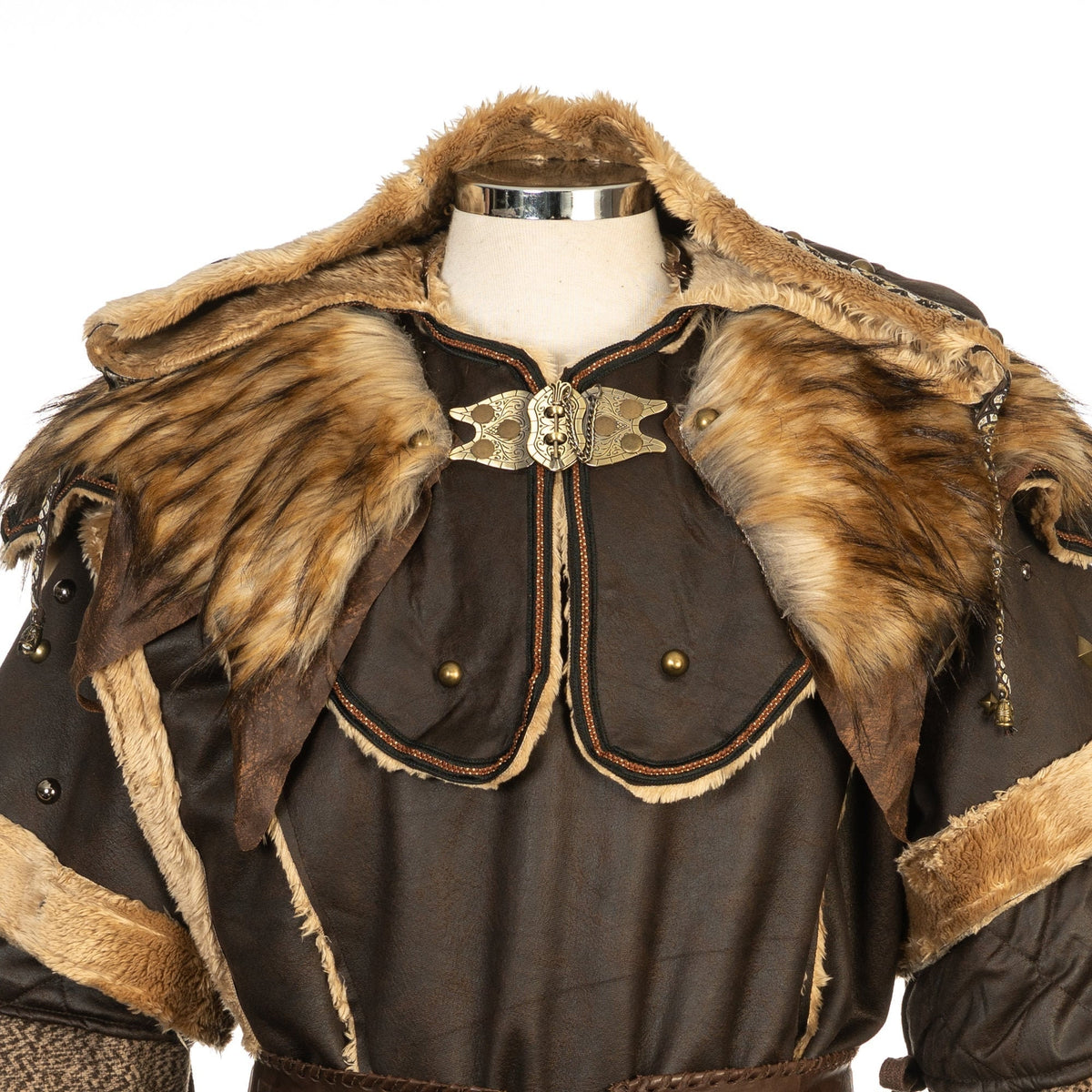 LARP medieval barbarian jacket close-up, faux fur and ornate clasp detail.