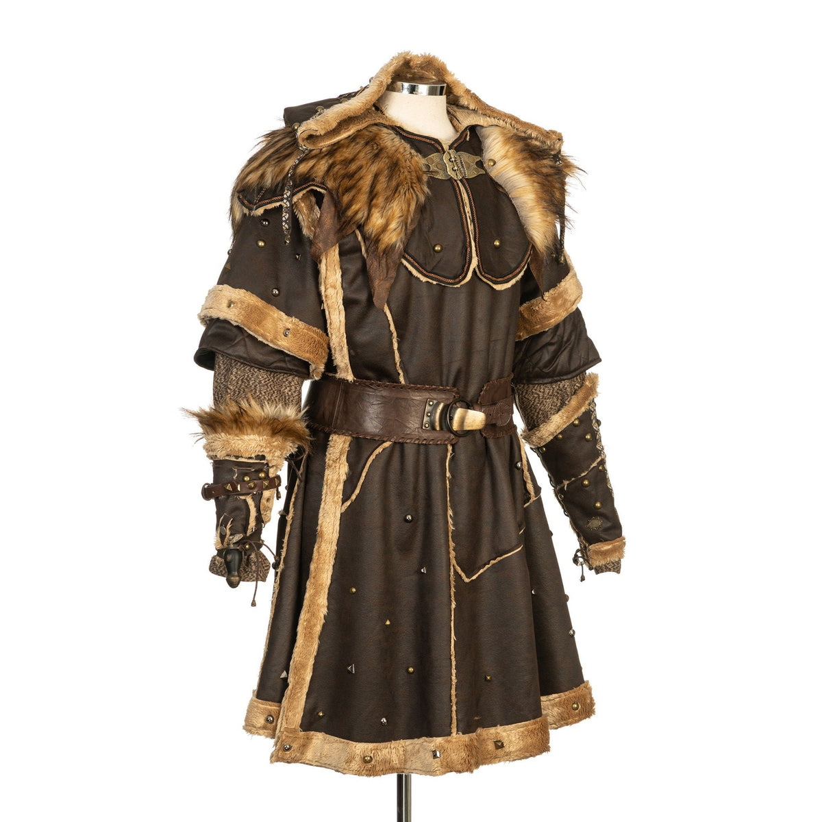 Medieval LARP set with fur-trimmed jacket, side view, hood, and vambraces.