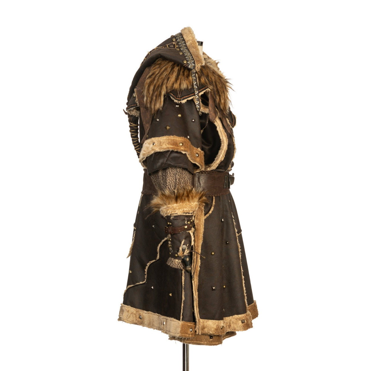 Side view of medieval LARP outfit with fur-lined hood and studded details.