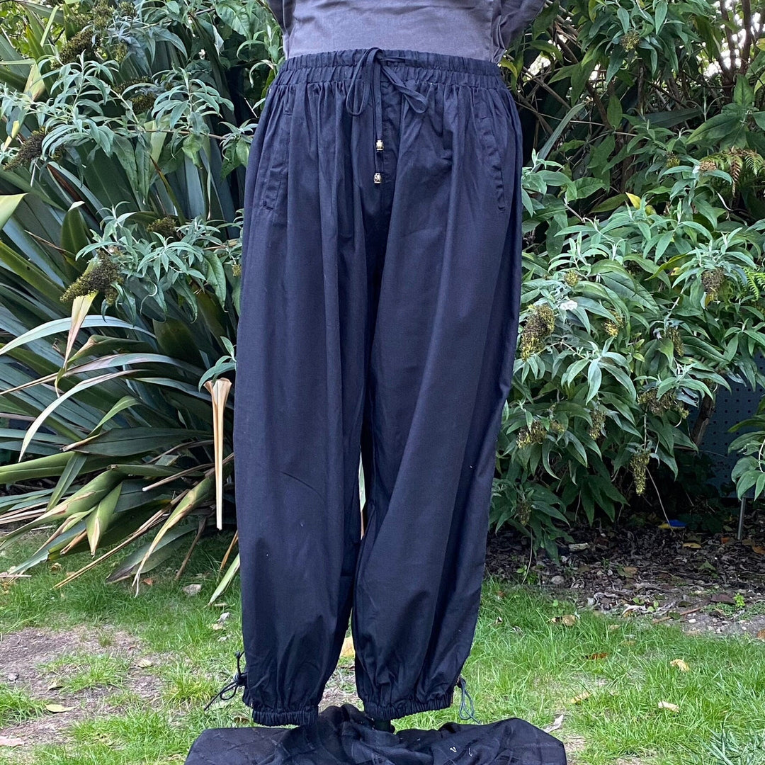 LARP Hero Pants - Loose Black Cotton/Linen Mix Trousers with Side Lace and Braiding - Chows Emporium Ltd