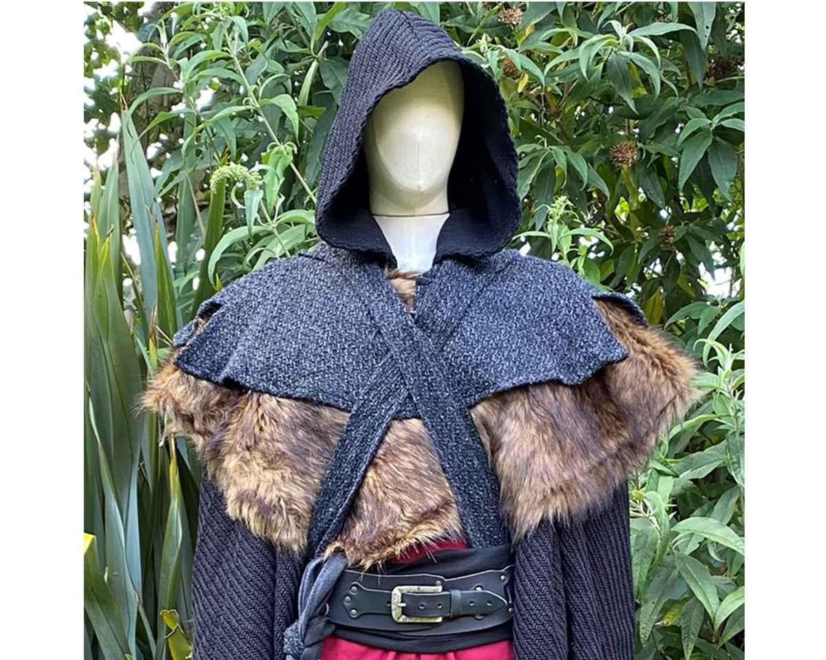 Medieval LARP outfit with fur mantle, hooded mannequin.
