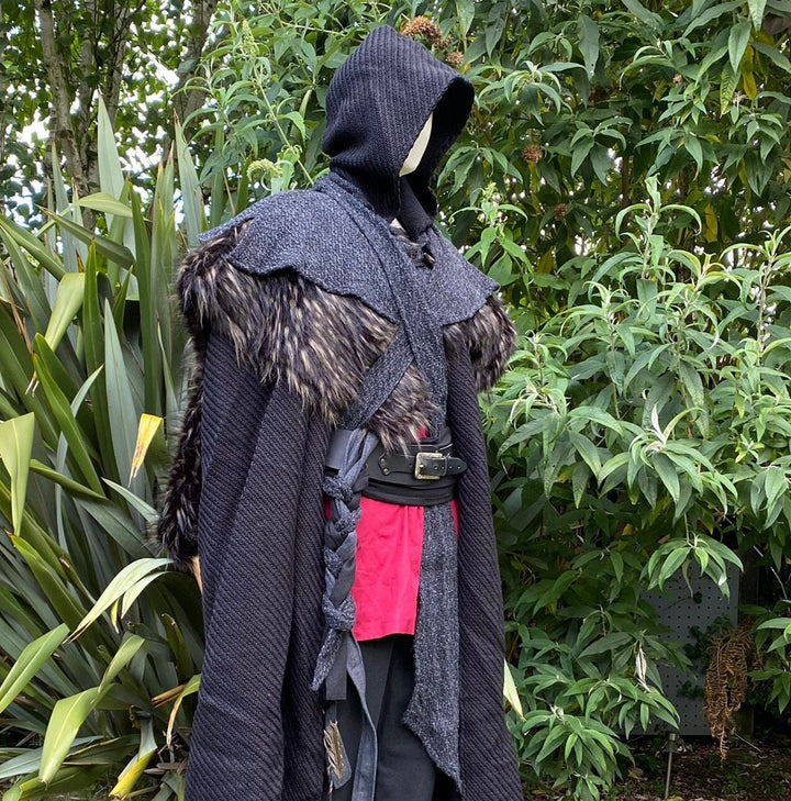 Viking Warrior LARP Outfit - 2 Pieces; Black Faux Fur Mantle, Wrap Around Hood - Chows Emporium Ltd