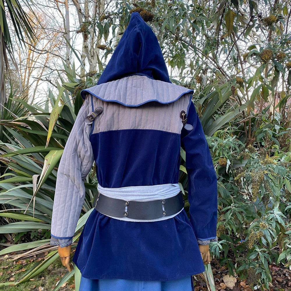 Medieval LARP Costume Set. Gambeson Hood and Jacket with removable sleeves. Outfit for Renaissance Faire, Cosplay, Fantasy, and Roleplay Events. Made from Blue and Grey Suede Effect, Cotton,  Metal Buckles and Magnetic Poppers. Back Hood Up.