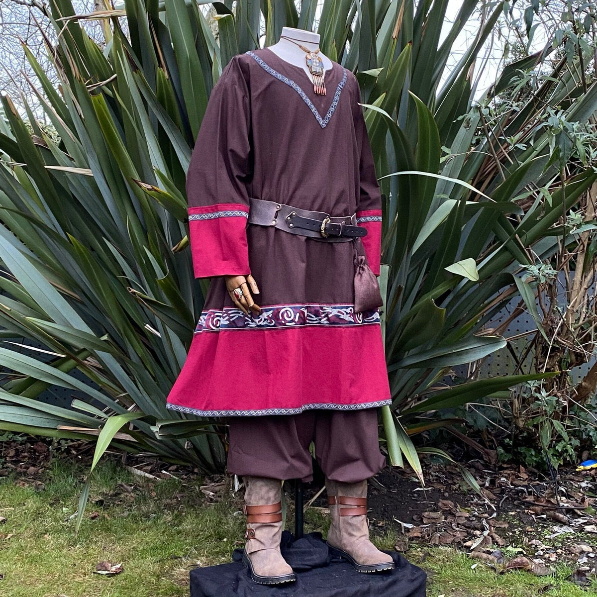 red and brown Viking tunic styled for cosplay outfit.