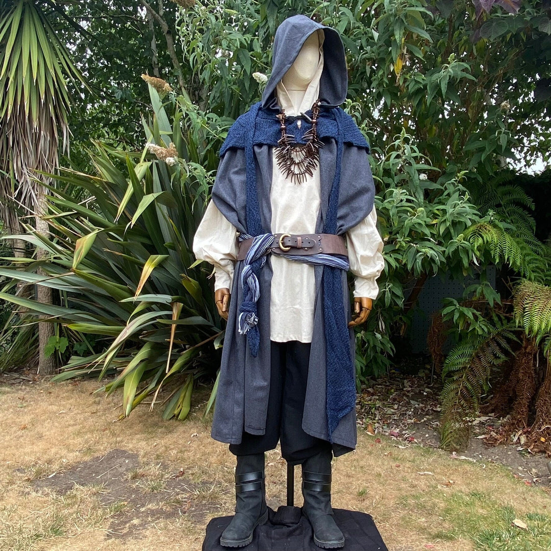 Ocean Druid LARP Outfit - 6 Pieces; Grey Cloak, Faux Fur Mantle, Hood, Belt, Pants, Necklace - Chows Emporium Ltd