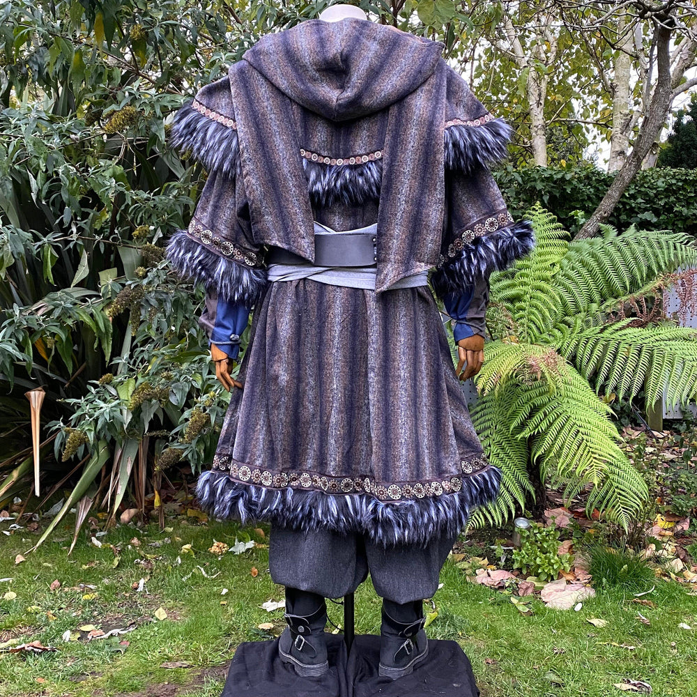Arcane Warrior LARP Outfit - 3 Pieces; Blue & Grey Tunic, Mohair Hood, Sash - Chows Emporium Ltd