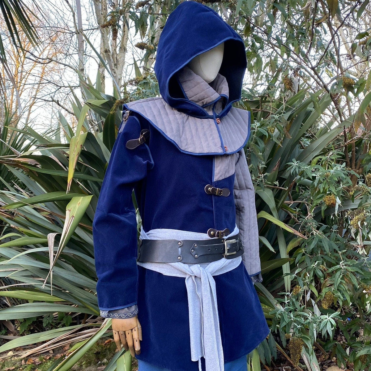 Blue medieval LARP costume with hood, front view.