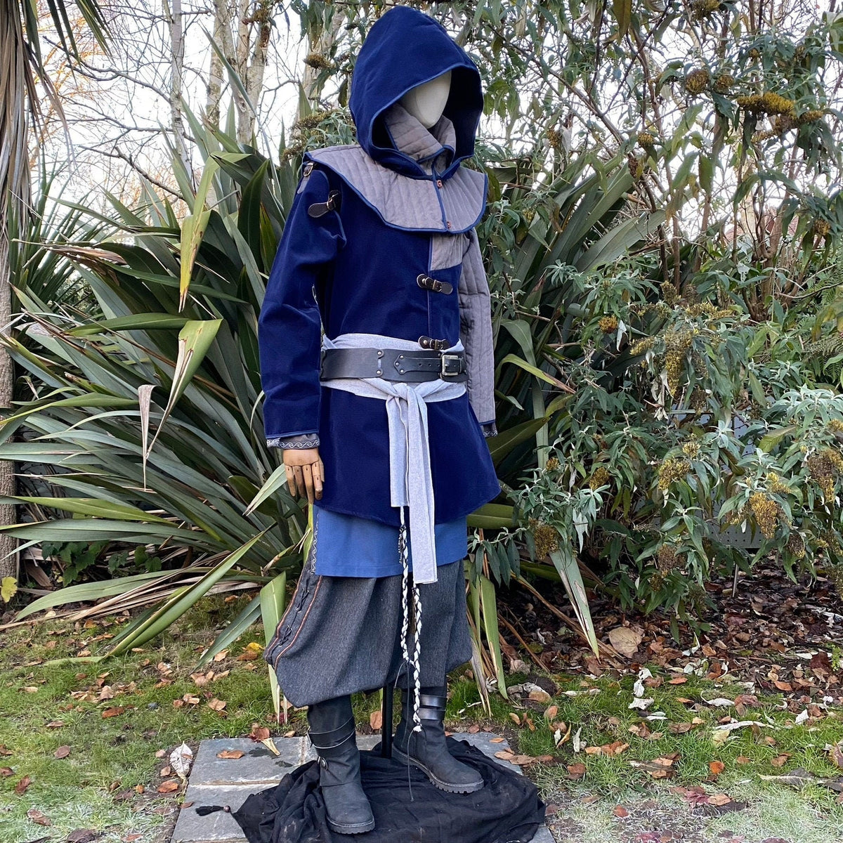 Azure LARP warrior set with jacket, hood, belt, and sash on mannequin.