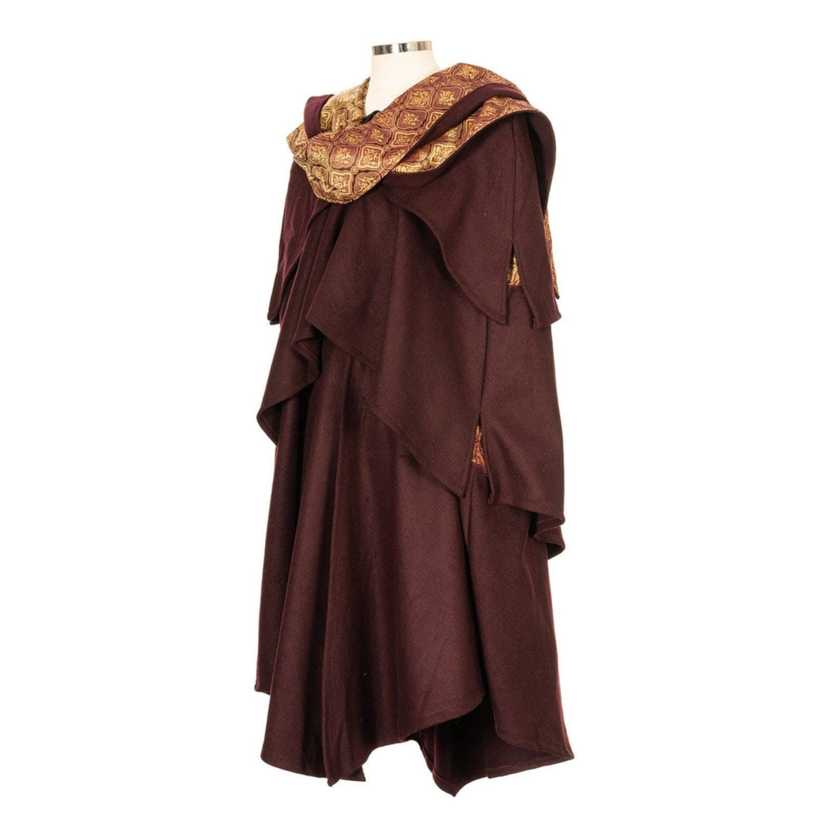 Back angled view of LARP cloak, red layers with gold patterned trim.