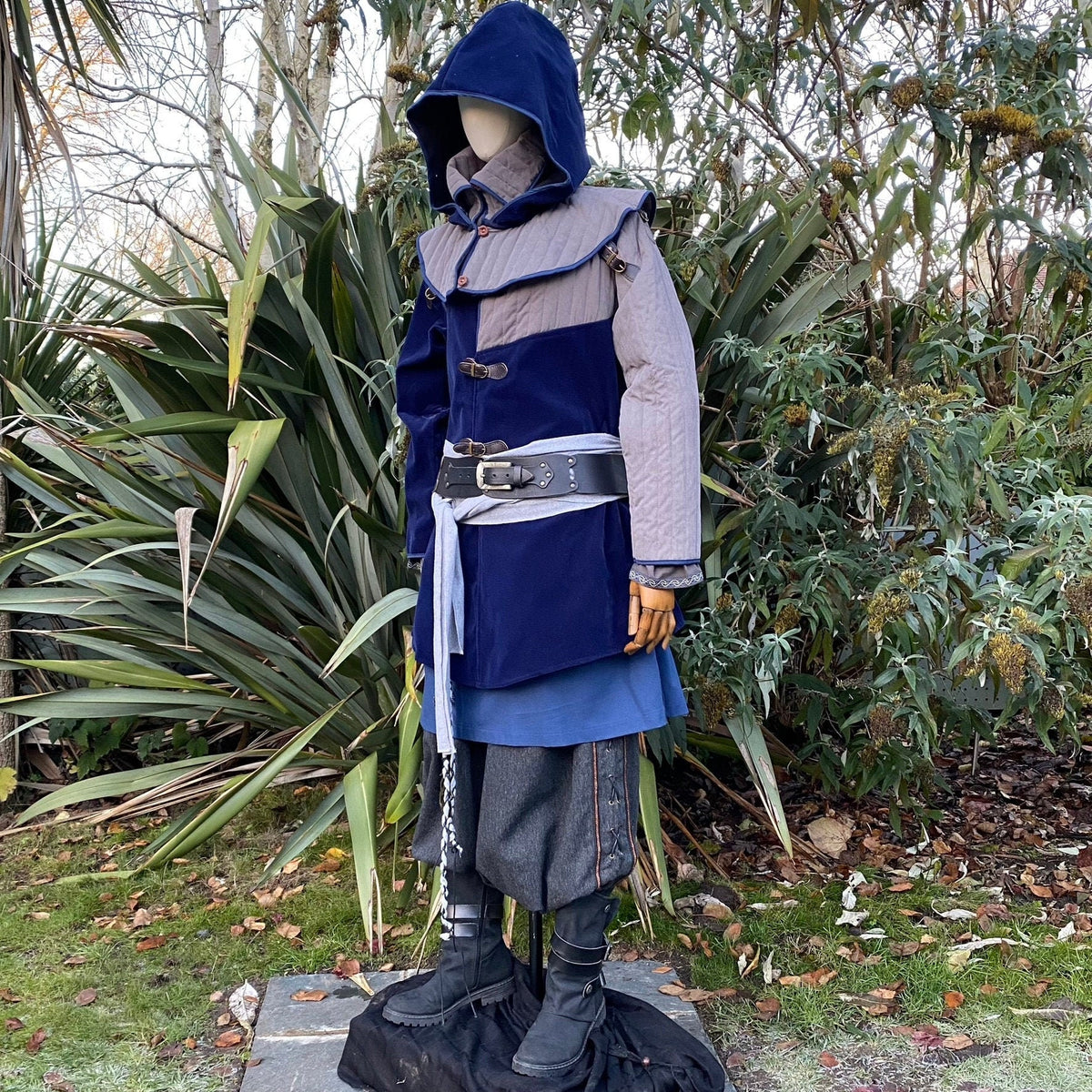 Azure and grey LARP costume set with hood, jacket, belt, and sash ensemble.