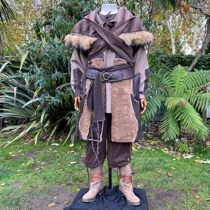 Barbarian Fighter LARP Outfit - 3 Piece Set Brown; Waistcoat, Faux Fur Trimmed Hood, Sash - Chows Emporium Ltd