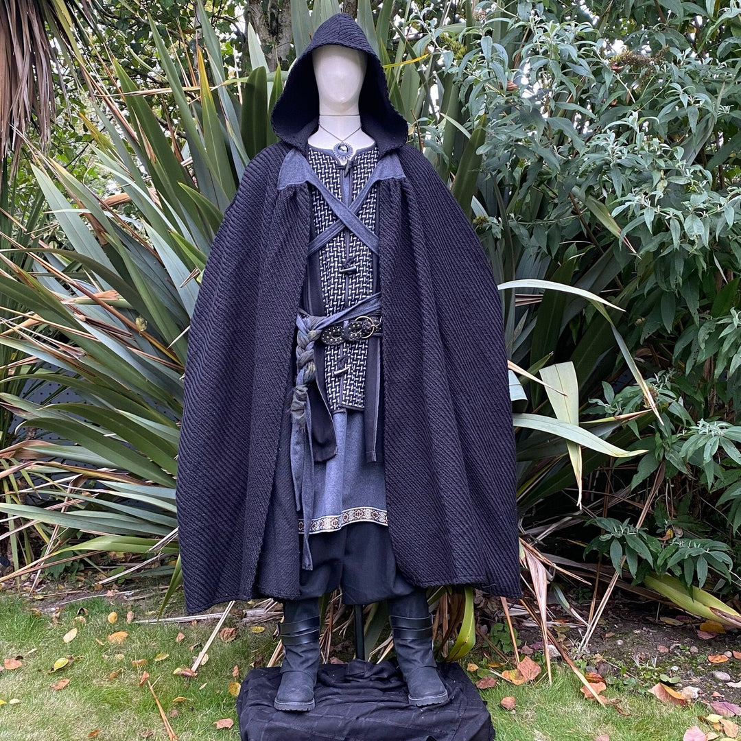 This LARP Cloak in Black Wool has two Cross Over Straps that can tie together, or into existing costume. The Medieval Cloak is Water Resistant and helps keep you warm. The Viking Cape's Wrap Around Straps help keep the cape on your shoulders; perfect for your LARP character, Cosplay Events, and Ren Faires. 