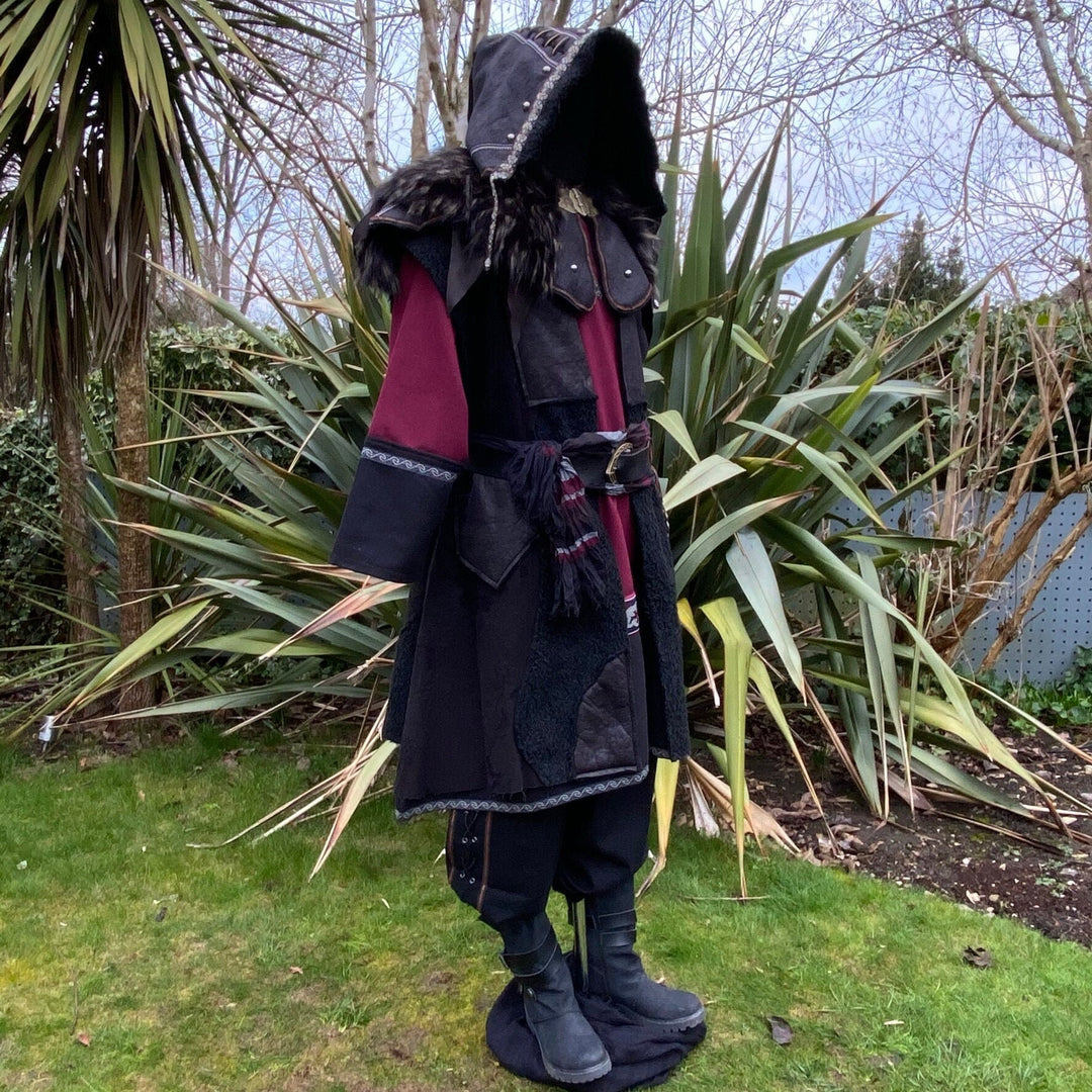 Shadow Warlock LARP Outfit - 4 Pieces; Black Faux Leather Fleece Lined Hood, Waistcoat, Tunic and Sash - Chows Emporium Ltd