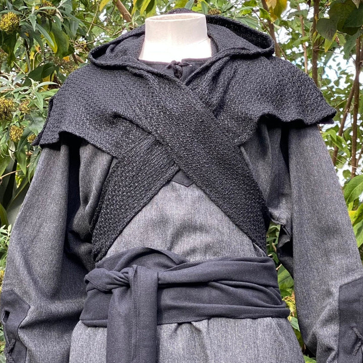 This LARP Hood is Black with a Wrap Around Woollen extention. This Viking Scarf Hood is Water Resistant and Warm. You can style the Extended arms of the LARP Hood to fit your needs: perfect for your LARP Character and LARP Costume, Cosplay Event, and Ren Faire.