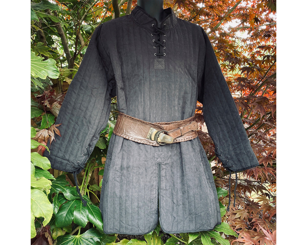 Black gambeson with laced neck and brown belt for LARP.